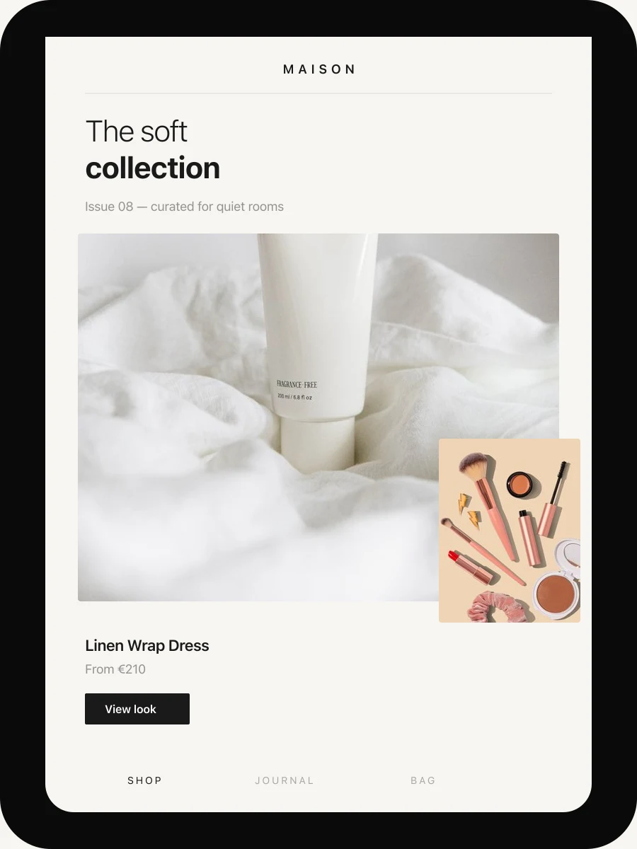Premium Brand mobile app — editorial lookbook layout